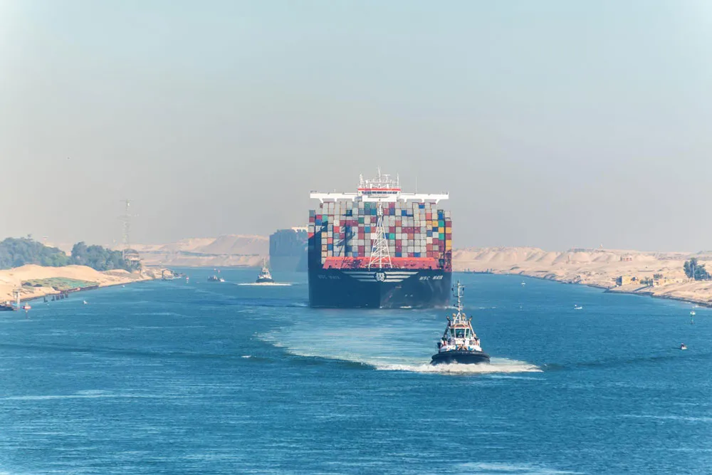A container ship transiting the Suez Canal