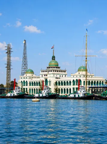 Cargo vessels and port facilities at Port Said